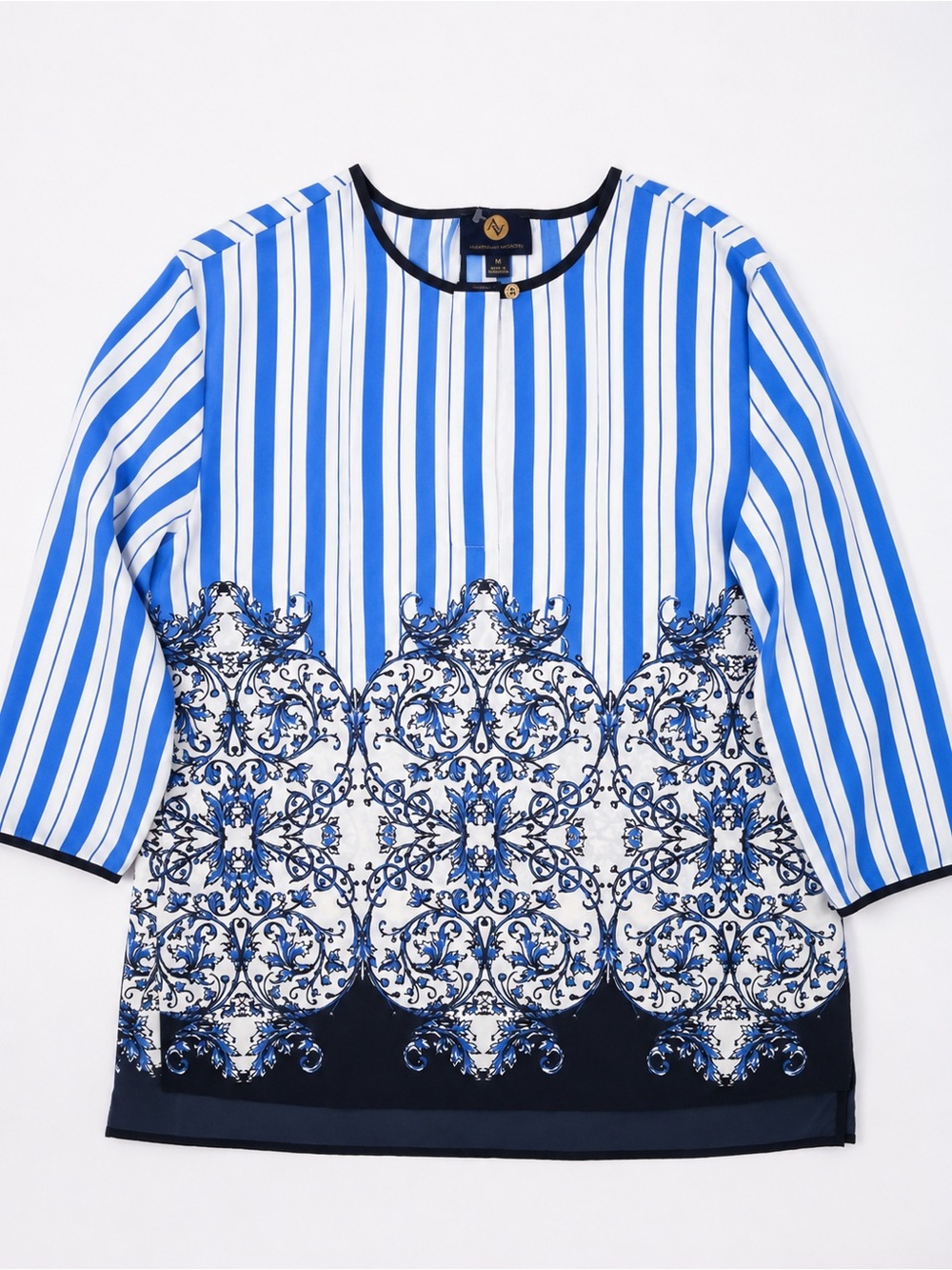 Adrienne Vittadini Blue and White Striped Top with Navy Trim Medium